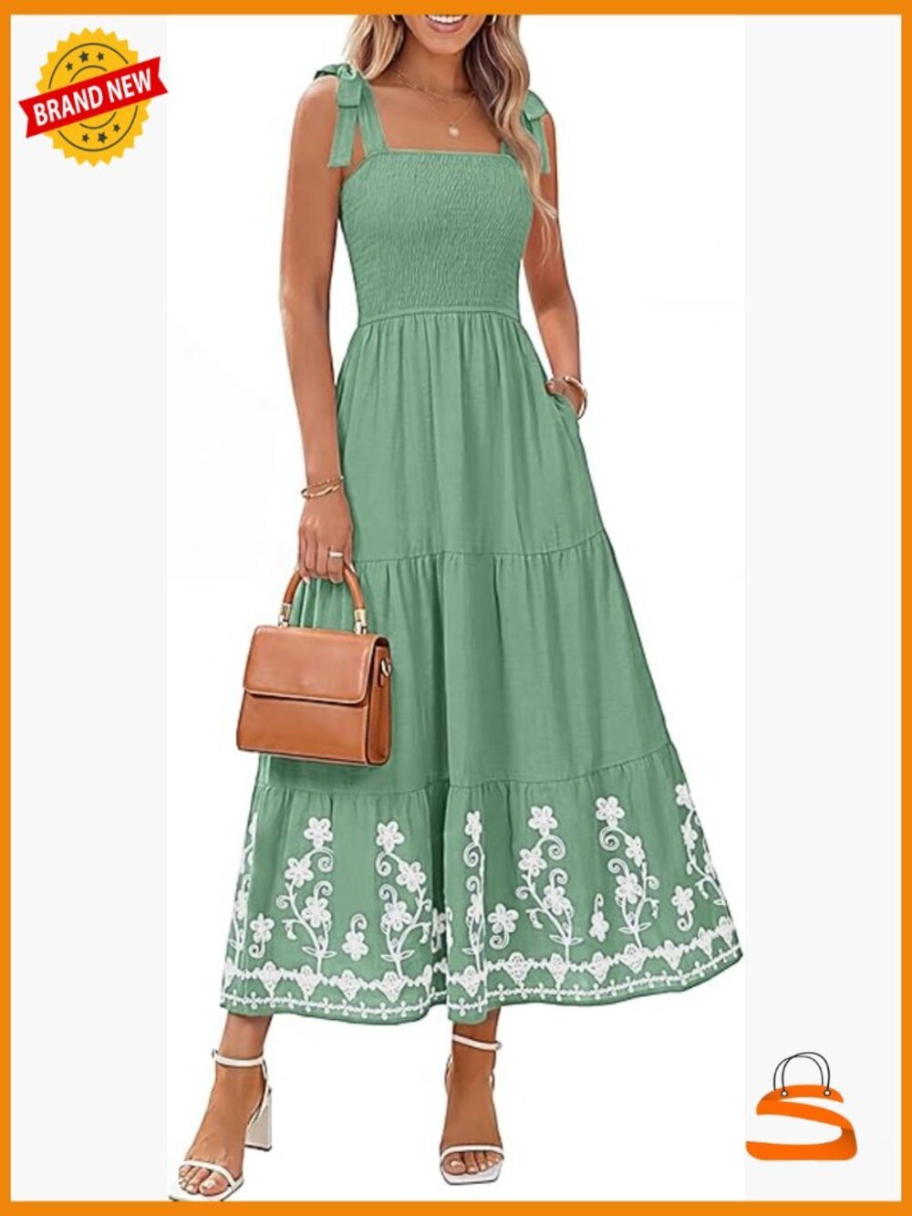 Smocked Spaghetti Strap Maxi Dress with Pockets and Embroidery
